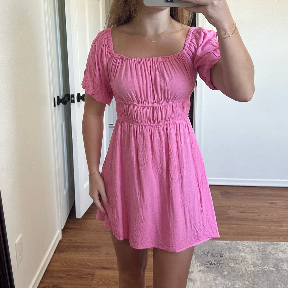 Pink ruched bust and puff sleeve dress